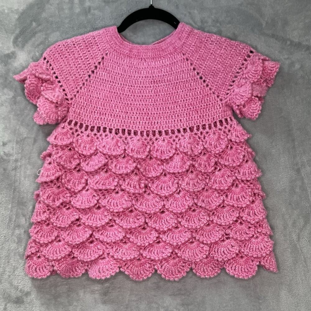 Handmade Knitted Crotchet Baby Top Scalloped Pink Acrylic Super Soft Yarn‎ 18mo?